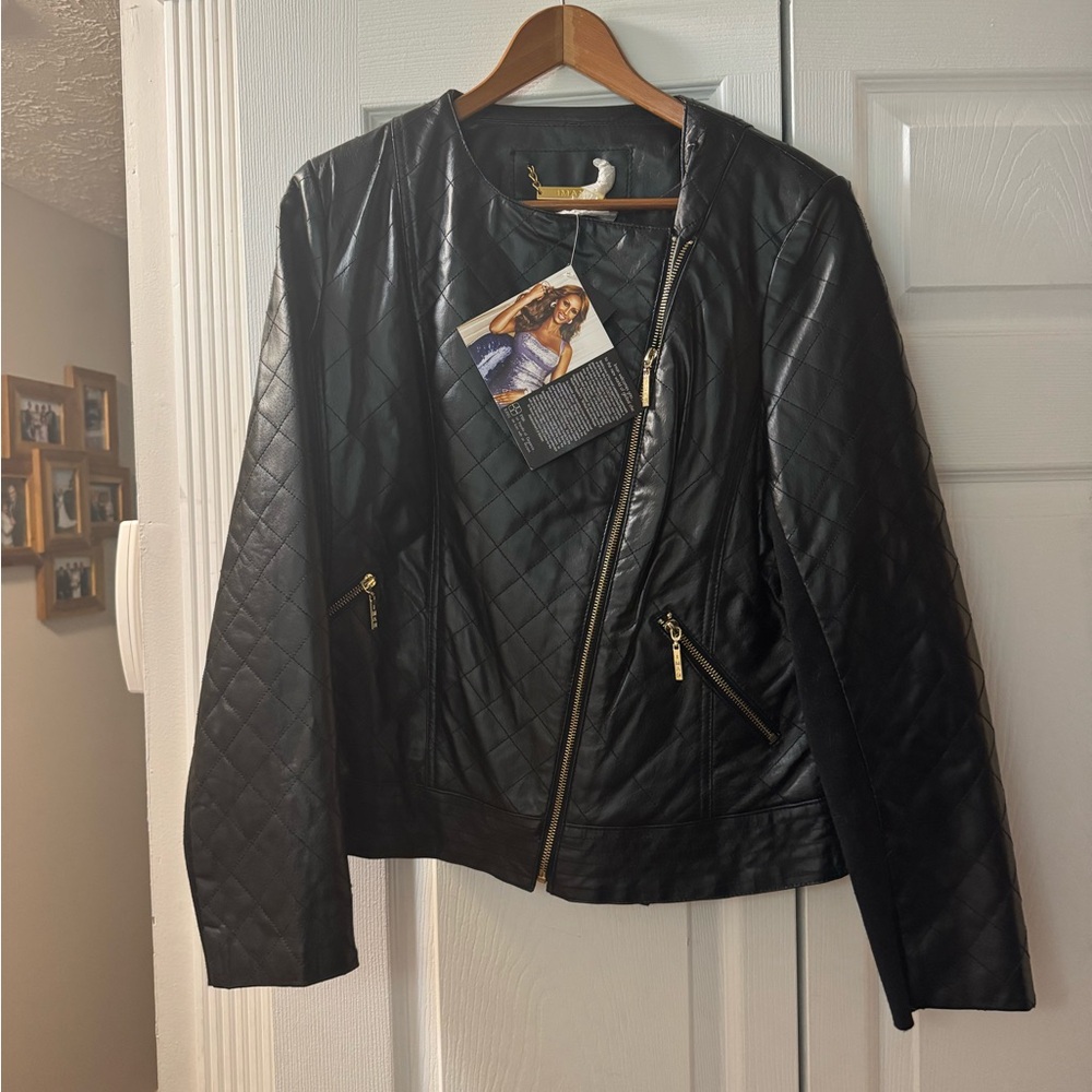 *NEW* IMAN Black Quilted Faux-Leather Jacket - Picture 3 of 3